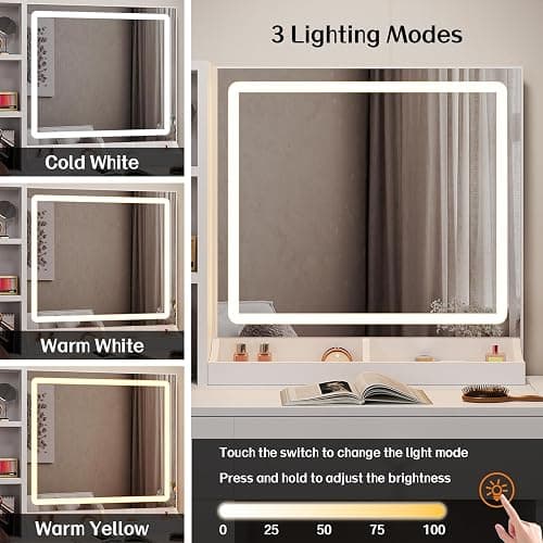 Haewon White Vanity Desk with Mirror and Lights, Makeup Vanity with Charging Station and 3 Lighting Modes, Dressing Table Set with Storage Cabinet, Drawers and Chair for Girls Bedroom thumbnail 4
