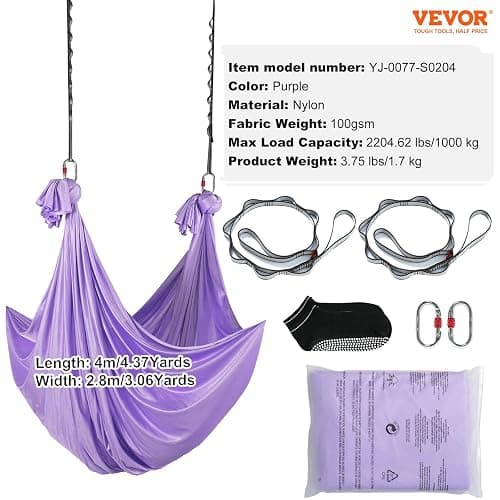 VEVOR Aerial Yoga Hammock & Swing, 4.4 Yards, Yoga Starter Kit with 100gsm Nylon Fabric, Full Rigging Hardware and Easy Set-up Guide, Antigravity Flying for All Levels Fitness Bodybuilding, Purple thumbnail 8