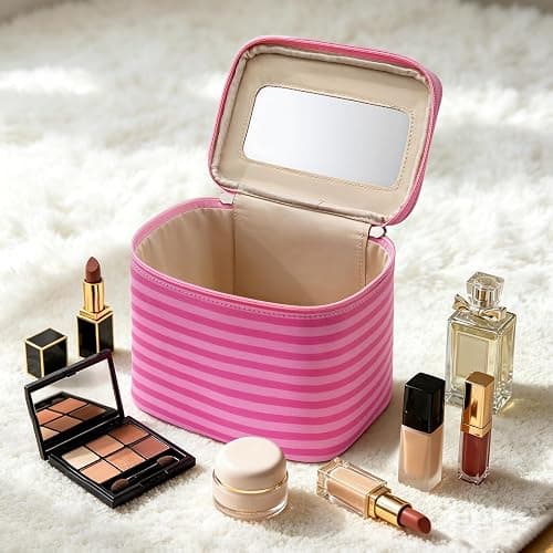 Hibilog Striped Makeup Bag with Built-in Mirror, Large Capacity Nylon Cosmetic Bag, Portable Travel Toiletry Organizer with Handle for Travel (Pink Stripe) thumbnail 6
