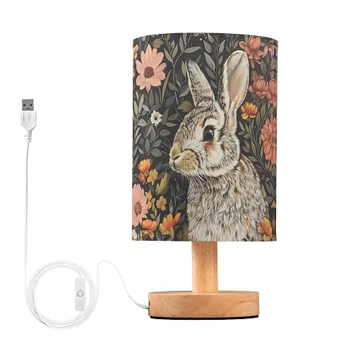 YYZZH Bunny Rabbit Floral Field Table Lamp with Wood Base Fabric Lamp Shade Bedside Desk Lamp for Living Room Bedroom Kids Room Office - Image 1