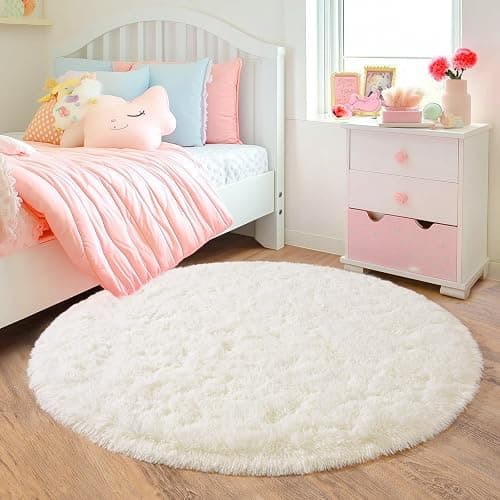 Quntue 3'x3' Cream Round Rugs for Girls Bedroom, Ultra Soft Fluffy Circle Rug for Kids Room, Cute Small Shag Rugs for Living Room Playroom Tent Castle Home Decor Rug thumbnail 3