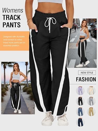 Fisoew Women's Baggy Wide Leg Pants Casual Drawstring Elastic Waisted Contrast Color Workout Y2K Track Pants thumbnail 4