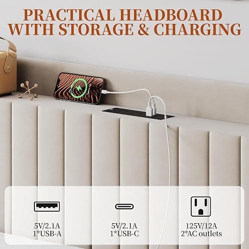Yaheetech Full Size Bed Frame with USB Charging Station and Storage Shelf/Upholstered Headboard Platform Bed with Wing Side/Wooden Slats Support/Noise Free/No Box Spring Needed/Easy Assembly, Beige thumbnail 4