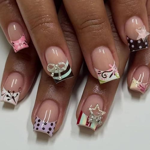 OCTOSWAVE Square Short Press on Nails with 3D Bows, Stars, Stripes & Polka Dots - 24Pcs Acrylic Fake Nails - Trendy Nail Art for Parties, Outdoors & Office - Image 1