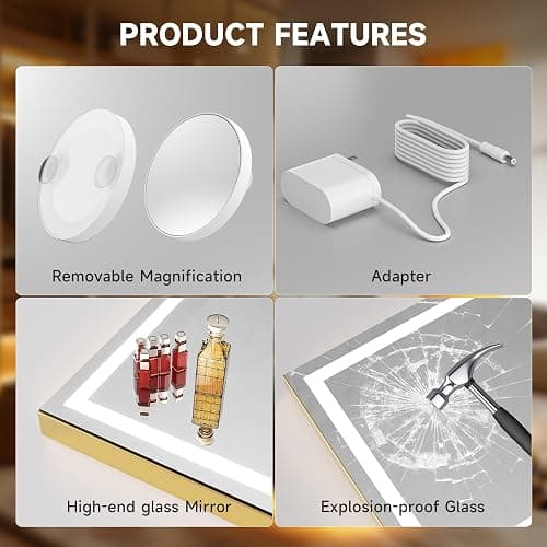 Hasipu Vanity Mirror with Lights, 32" x 20" LED Makeup Mirror, Lighted Makeup Mirror with Dimmable 3 Modes, Touch Screen Control Vanity Mirror Square Gold thumbnail 8