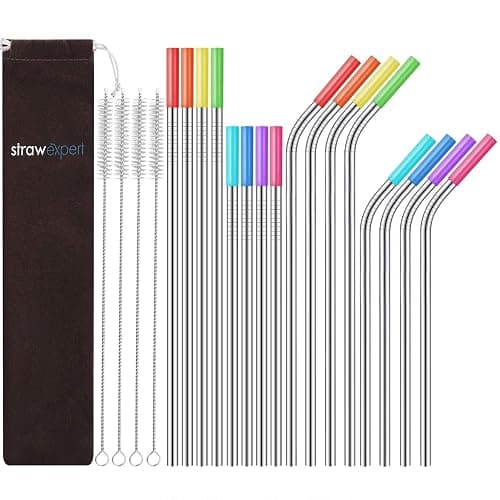 StrawExpert Set of 16 Reusable Stainless Steel Straws with Travel Case Cleaning Brush Silicone Tips Eco Friendly Extra Long Metal Straws Drinking for 20 24 30 oz Tumbler, Silver - Image 1