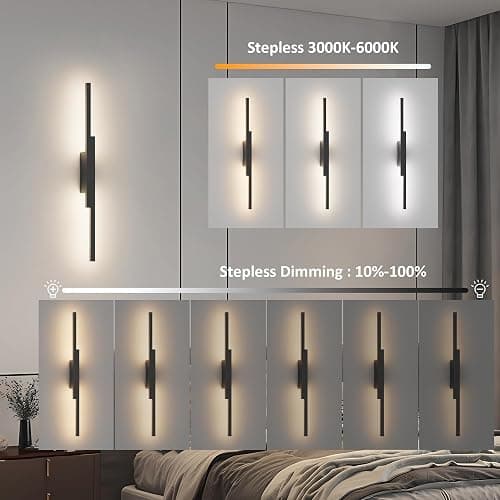 Aipsun Black Wall Sconces Set of Two Battery Operated Wall Sconces 3000K-6000K Dimmable LED Wireless Wall Lights for Living Room,Bedroom,10,000mAh,23.6Inch (2 Pack) thumbnail 2