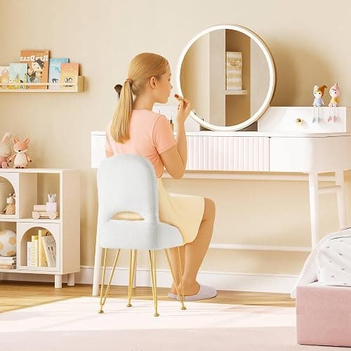 Greenstell Vanity Stool Chair with Storage and Folding Back, 13.4" L x15 W x 30.0" H Square Soft Ottoman, 4 Metal Legs with Anti-Slip Feet, Furry Padded Seat for Makeup, Bedroom, White thumbnail 4
