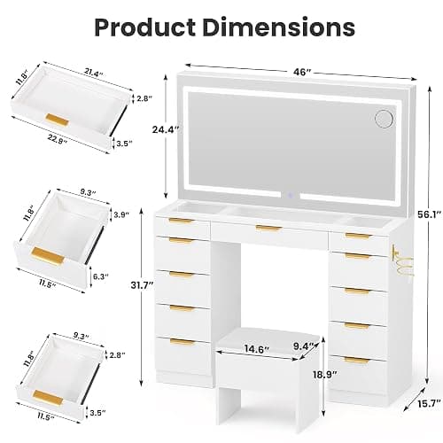 Pamapic Glass Top Vanity Desk with Mirror and Lights, 11 Drawers Makeup Vanity with Charging Station and Chair, Golden Handles Dressing Table, 3 Lighting Modes Makeup Table, White thumbnail 2