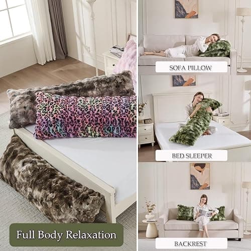 20"x54"Luxury Shaggy Faux Fur Body Pillow Cover,Bubble Fluffy Plush Bed Body Pillowcase with Zipper Closure,Plush Long Pillow Cover for Home Bedroom Pregnant Women Side Sleeper-Tie-dye Sage Green thumbnail 6