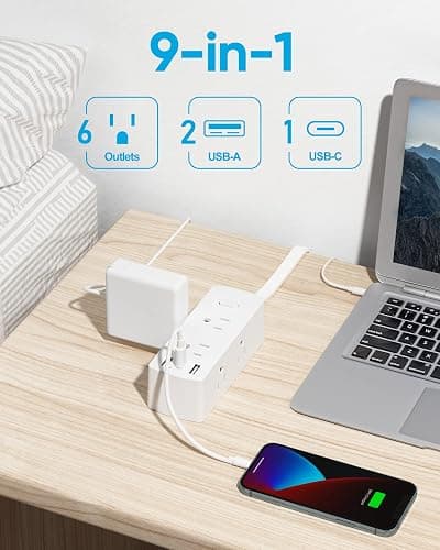 Power Strip Surge Protector, Olcorife Ultra Thin Flat Plug Extension Cord 5ft, 6 Outlets 3 USB Ports(1 USB C), 3 Sided Outlet Extender for Home Office Travel Dorm Room Essentials, White thumbnail 3