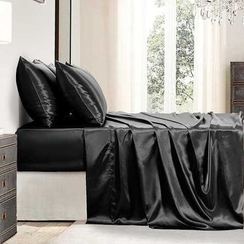 GOLAL Satin Sheets Full Size - 6 Pieces Luxury Silky Soft Bed Sheets, Wrinkle-Free Black Satin Silk Sheet Set with 1 Deep Pocket Fitted Sheet, 1 Flat Sheet, 4 Pillow Cases thumbnail 8