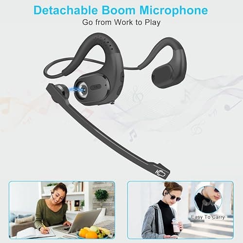 iDIGMALL Bluetooth Headset with Detachable Microphone, Multi-Point Wireless Headset w/DSP Noise Canceling Mic for Phone PC Laptop, Comfort & Light Open Ear headphones for Office Meeting Home Work, 12H thumbnail 3