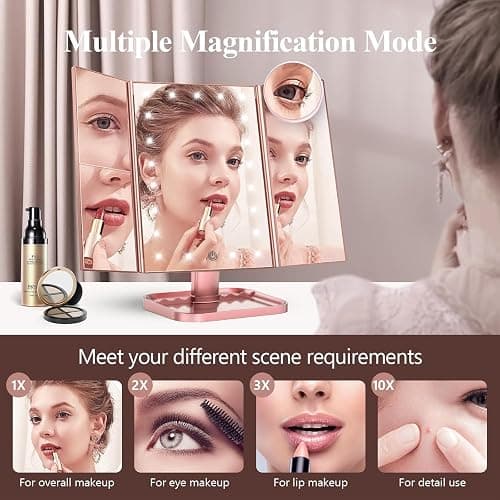 HUONUL Makeup Mirror, Vanity Mirror with Lights, 2X/3X/10X Magnification, Touch Control, Trifold, Dual Power Supply, Valentines Day Gifts for Her,Gifts for Women, Wife, Mom, Girls,Dorm Room Essentials thumbnail 2