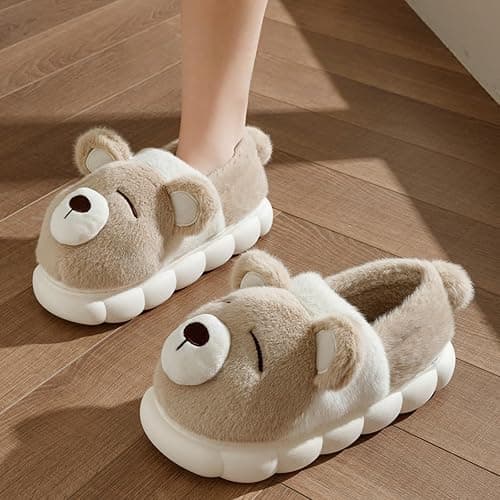 LMENGC plush bear slippers, memory foam sole, anti-skid, heat insulation, quilted design, neutral adult home indoor shoes thumbnail 6