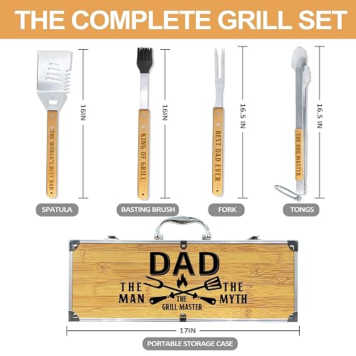 Christmas Dad Gifts from Daughter Heavy Duty Wooden BBQ Grilling Accessories Kit for Backyard, Thick Stainless Steel Grill Utensils with Non-Slip Handle Tools in Portable Bag Birthday thumbnail 2