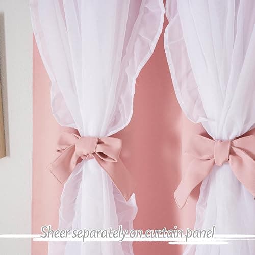 PONY DANCE Pink Blackout Curtains for Nursery/Girls Bedroom, 2 Panels | Double Layer Bow Curtains with Ruffle Sheer Overlay, Cute Shabby Chic Kids Toddler Room Decor Drapes Coquette Style,W52 x L84 thumbnail 7