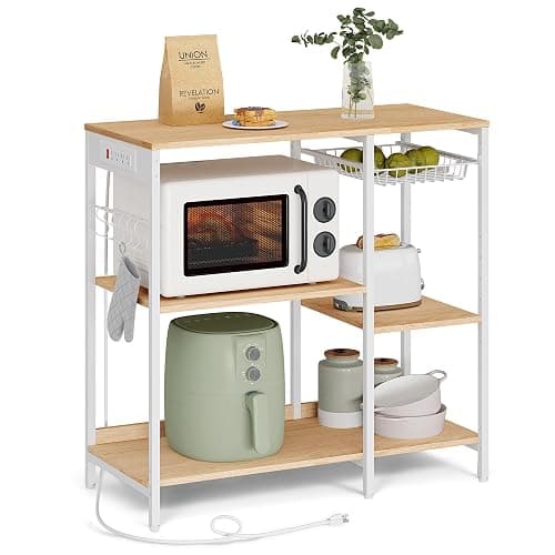 VASAGLE Baker's Rack, Coffee Bar Stand with Charging Station, Storage Shelves, Pull-Out Wire Basket, Table for Microwave, Kitchen, Oak Beige UKKS036Y09, 15.7 x 35.4 x 35.6 Inches - Image 1