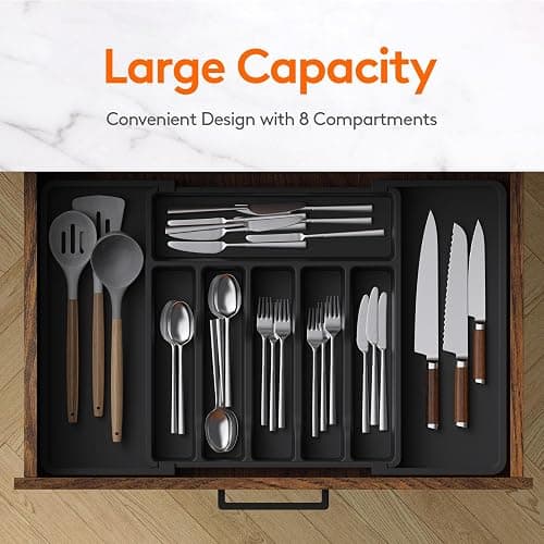 Lifewit Silverware Drawer Organizer, Expandable Utensil Tray for Kitchen, BPA Free Flatware and Cutlery Holder, Adjustable Plastic Storage for Spoons Forks Knives, Large, Black - Black - 1 thumbnail 2