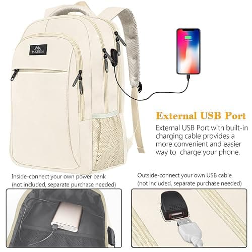 MATEIN Beige Laptop Backpack 15.6 Inch, Lightweight Sturdy Bag for College Supplies with USB Charging Port, Water Resistant Anti Theft Travel Computer Daypack Fashion Work Nurse Bag Gift for Women thumbnail 3