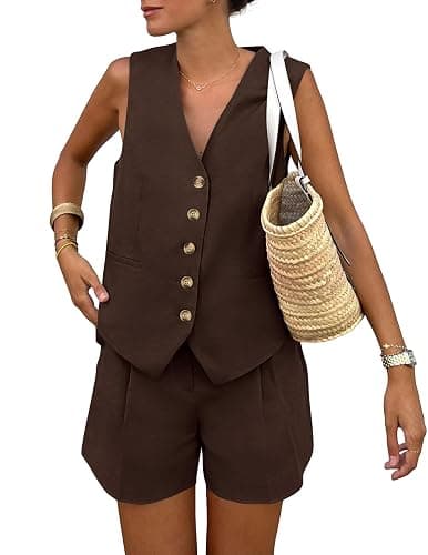 PRETTYGARDEN Women's Summer 2 Piece Outfits Sleeveless Matching Sets Button Down V Neck Vest Waistcoat and Pockets Shorts - Image 1