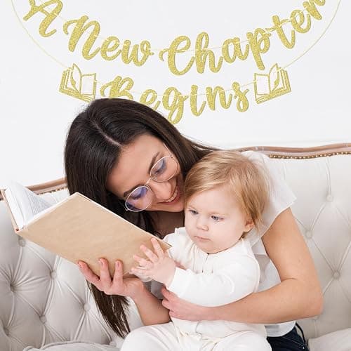 A New Chapter Begins Banner - Book Themed Baby Shower Decorations, Reading Themed Party Decorations, Gold and White Glitter thumbnail 2