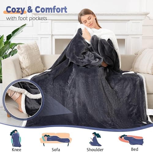 Wearable Heated Blanket with Foot Pocket, Electric Wearable Throw Blanket with Sleeves, Hood, Portable Heated Blanket with 8 Heat Settings, 1-10 Hours Auto Shut-off, Gift for Family, Friends, 50*70" thumbnail 3