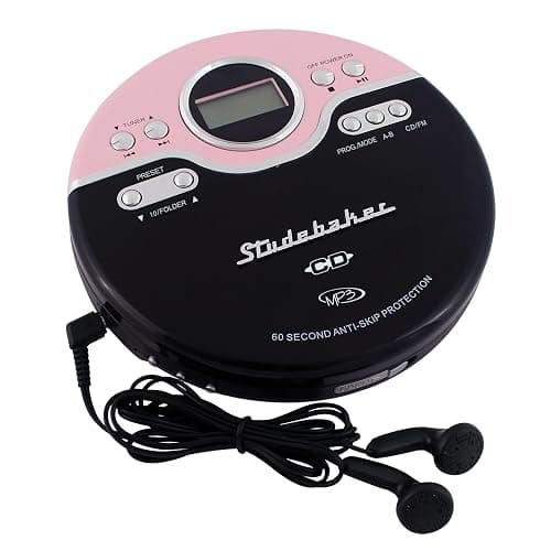 Studebaker SB3703PBB Joggable Personal CD/MP3 Player with Bookmark Feature and FM PLL Radio - Pink & Black - Image 1