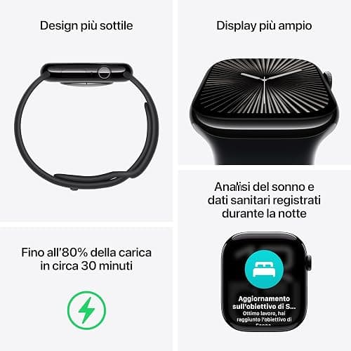 Apple Watch Series 10 GPS 46 mm Smartwatch con cassa in alluminio e cinturino Sport Loop Nero - M/L. Fitness tracker, app ECG, display Retina always-on, Carbon Neutral thumbnail 3
