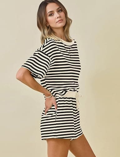 MISSACTIVER Womens Lounge 2 Piece Sets Summer Striped Matching Pajamas Set Short Sleeve Oversized T Shirts Drawstring Shorts thumbnail 2