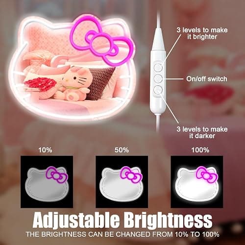 MCJSGSP Anime Hello Kit Mirror with Light Neon Signs for Wall Decor, Teen Girl Gift，Makeup Mirror neon Sign Room Decor (14.6 * 12.2 inch) thumbnail 5
