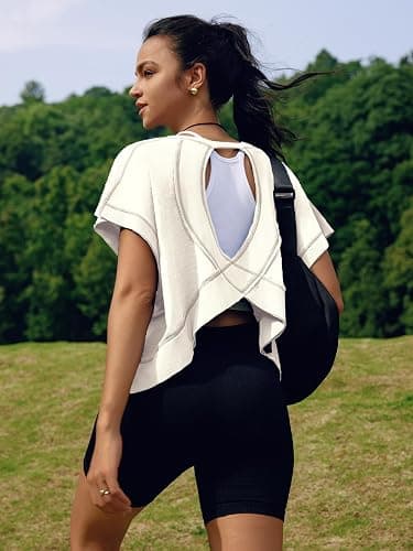 SENSERISE Womens Open Back Workout Tops Backless Short Sleeve Athletic Shirt Running Crop Top Gym Yoga Tee thumbnail 5