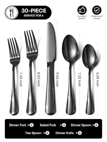 30 Piece Black Silverware Set, Ollex Flatware Set for 6 Food-Grade Stainless Steel Cutlery Utensils Include Spoon Knife Fork Mirror Polished for Home, Party, Wedding, Dishwasher Safe thumbnail 3