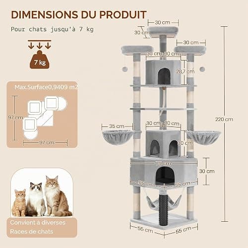 Fobyfurny Arbre à Chat XXL, 220 cm, avec Grande Grotte, Gris Clair | 3 Perchoirs, 8 Griffoirs, Hamac, Panier, Poteau de Toilettage, Corde Épaisse en Sisal Usage Intérieur FPMS011FG1 thumbnail 5