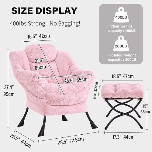 Tiita Lazy Chair with Ottoman, Pink Modern Large Accent Chair, Comfy Leisure Sofa Armchair with Ottoman, Reading Chair with Footrest for Bedroom, Living Room, Dorm Rooms, Plush Pink thumbnail 3