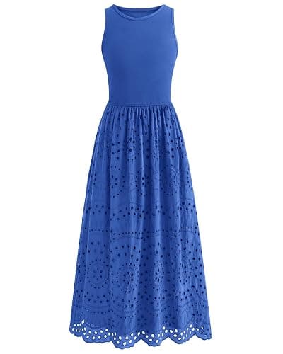 dowerme Women Sleeveless Lace Eyelet Cotton Tank Maxi Dress | Summer Casual Crewneck A-Line Dresses 2026,Fall Knit And Woven Boho Sundress with Pockets,Cute Wedding Beach Vacation Clothes - Image 1