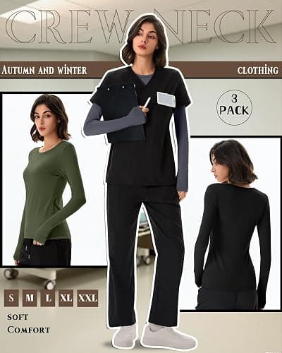 Neer 3 Pack Womens Underscrub Shirts Long Sleeve Crewneck Tops Fitted Layering Clothes Comfort Knit Tops for Nurse thumbnail 6