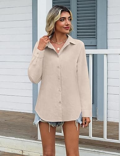 Zeagoo Womens Cotton Linen Button Down Shirts Loose Fit Long Sleeve Collared Blouse Casual V Neck Tops Outfits S-3XL thumbnail 3