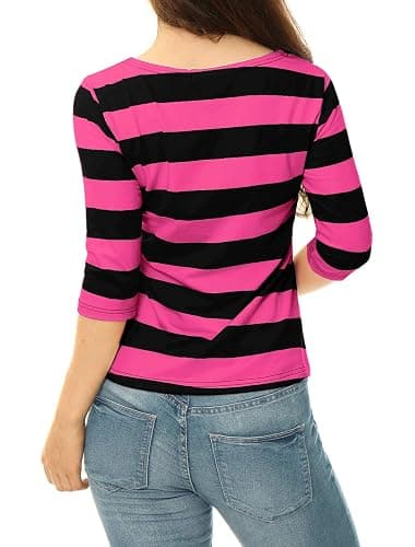 Allegra K Women's Elbow Sleeves Top Casual Boat Neck Slim Fit Stripe T-Shirt thumbnail 5