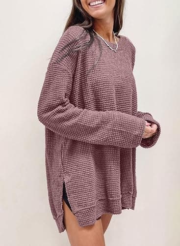 SHEWIN Long Sleeve Shirts For Women Oversized Sweatshirt Crewneck Waffle Knit Fall Tops for Women 2025 thumbnail 3