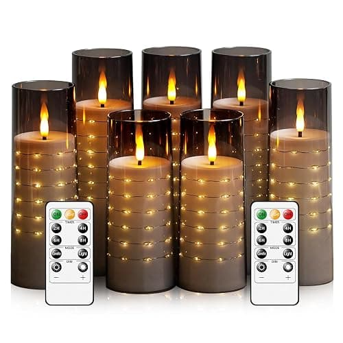 Flameless LED Candles with Embedded Star String, Battery Operated Candles with Remote Control, 7 Packs Flickering Pillar Candles for Home Decor (Grey) - Image 1