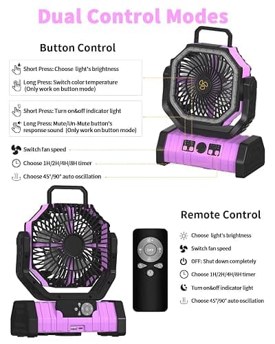 ADUST Camping Battery Operated Powered Fan with LED Lantern Light Portable 20000mAh Rechargeable Oscillating Fan with 360° Rotation Hanging Hook for Tents, Cordless USB Desk Fan(Pink) thumbnail 5