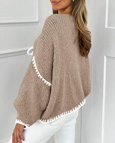 Women's Tie Front Bow Cardigan Sweaters Chunky Knit Long Puff Sleeve Trendy Fall Winter Jacket Coats thumbnail 4