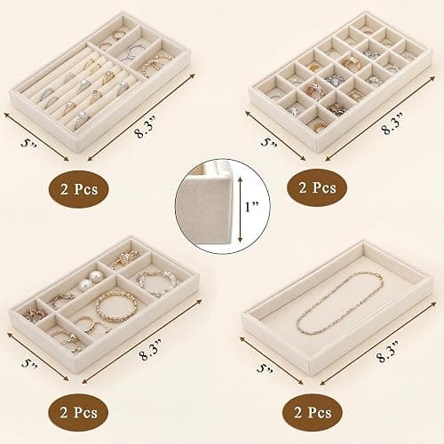 Elsjoy 8 Pack Velvet Jewelry Trays, Stackable Jewelry Organizer Trays for Drawers, Beige Jewelry Storage and Display Tray Inserts for Necklaces, Rings, Earrings thumbnail 3