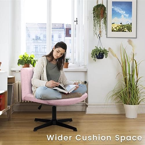 PUKAMI Criss Cross Chair,Armless Cross Legged Office Desk Chair No Wheels,Fabric Padded Modern Swivel Height Adjustable Mid Back Wide Seat Computer Task Vanity Chair for Home Office(Pink) thumbnail 3