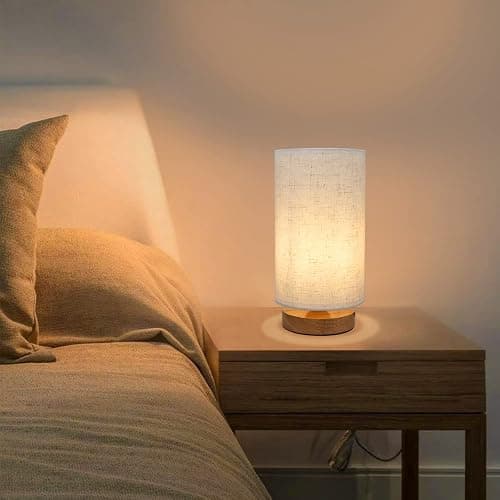 Small Bedside Night Table Lamp for Bedroom, Minimalist Nightstand Lamp with Round Fabric Linen Shade, Study Reading Desk Lamp for Kids Room, Living Room, College Dorm, Home, Office thumbnail 2