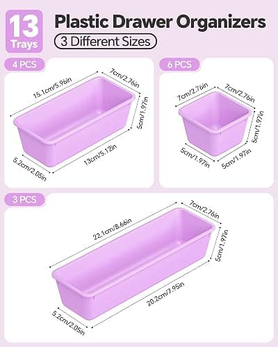 Canfanni 13 Pack Plastic Drawer Organizers Set, 3 Sizes Desk Drawer Organizer Trays for Vanity and Makeup Organizer, Organization and Storage for Makeup, Kitchen Utensils, Bathroom and Office(Purple) thumbnail 3