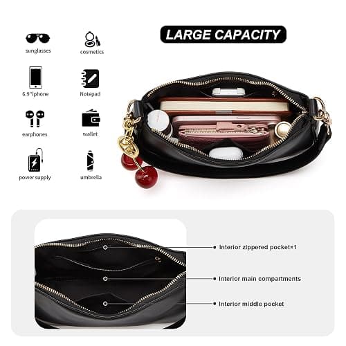 MOPOVO Black Shoulder Bag for Women Cute Hobo Cherry Purse Retro Clutch Underarm Handbag with Removable Straps thumbnail 4