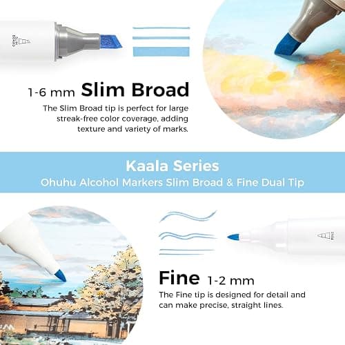 Ohuhu Alcohol Markers Double Tipped Slim Broad and Fine Art Marker for Artists Adult Coloring Drawing Landscape Sketch - 60 Colors Kaala Markers Refillable Art Pen Gift thumbnail 3