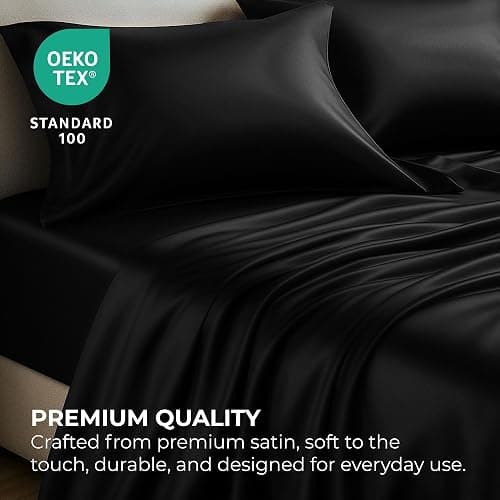 Pure Bedding Satin Sheets Queen [4-Piece, Black] Hotel Luxury Silky Bed Sheets - Extra Soft 1800 Microfiber Sheet Set, Wrinkle, Fade, Deep Pocket Fitted Sheet, Flat Sheet, Pillow Cases thumbnail 5